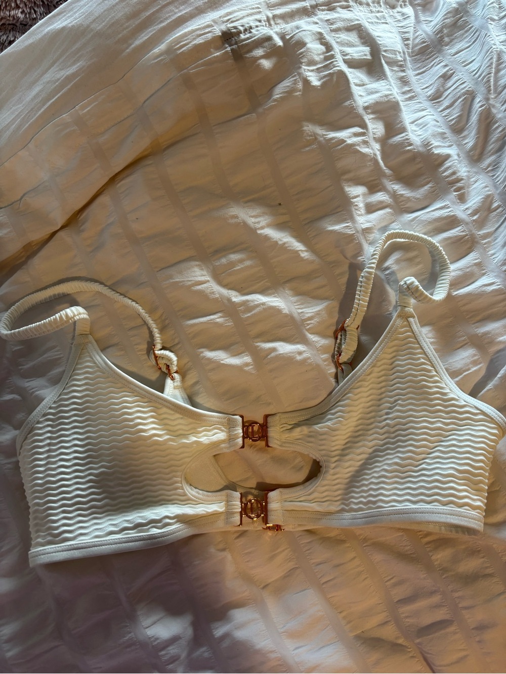 Textured White Cutout Bikini Top with Gold Accents